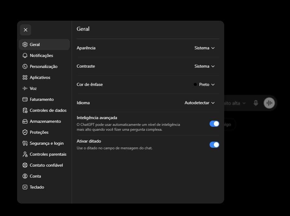 Tela de configurações gerais do ChatGPT, com o menu lateral mostrando as seções Geral, Aplicativos, Voz e outras.