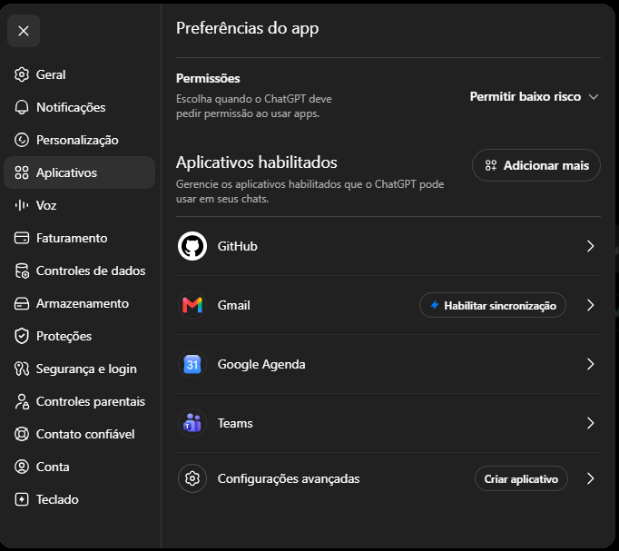 Seção Aplicativos do ChatGPT, mostrando as preferências do app, os aplicativos habilitados e o botão Configurações avançadas com a opção Criar aplicativo.