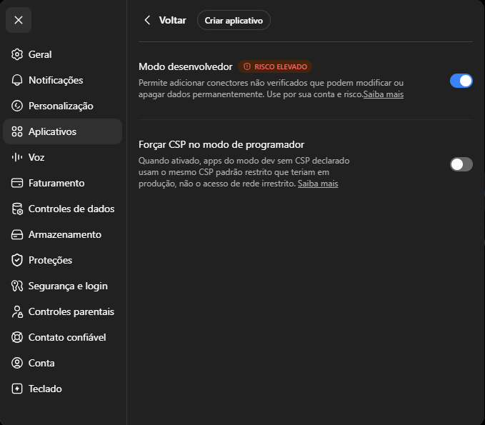 Tela de configurações avançadas do ChatGPT com a chave Modo desenvolvedor sendo ativada e o botão Criar aplicativo no topo.
