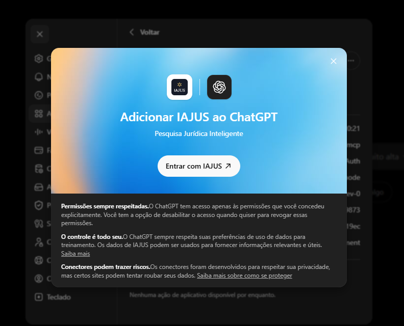 Janela do ChatGPT convidando a adicionar o IAJUS, com o botão Entrar com IAJUS e um aviso sobre permissões e privacidade.