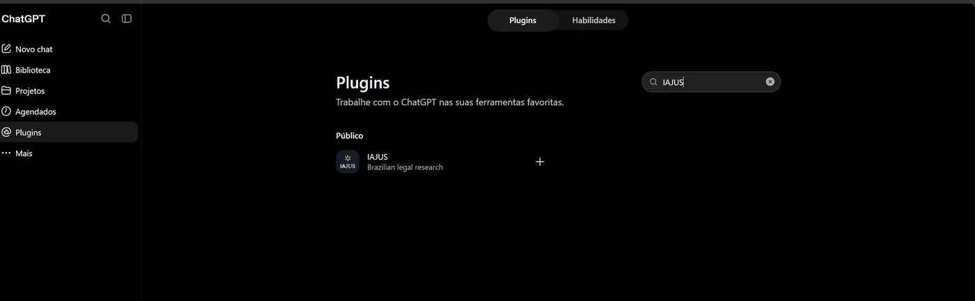 Seção Plugins do ChatGPT com IAJUS digitado na busca e o cartão IAJUS, Brazilian legal research, listado em Público ao lado do botão de adicionar.