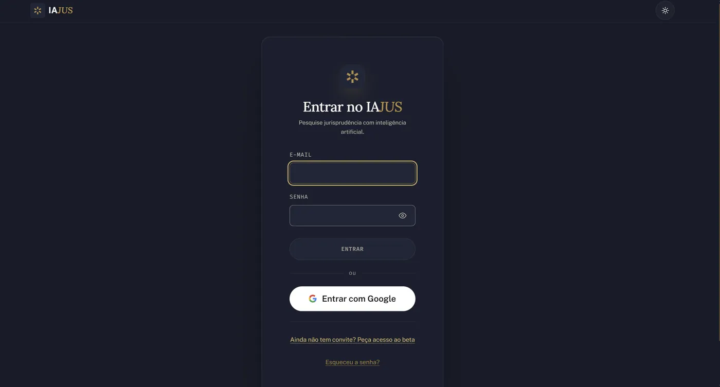 Tela Entrar no IAJUS com os campos e-mail e senha, o botão Entrar e a opção Entrar com Google.