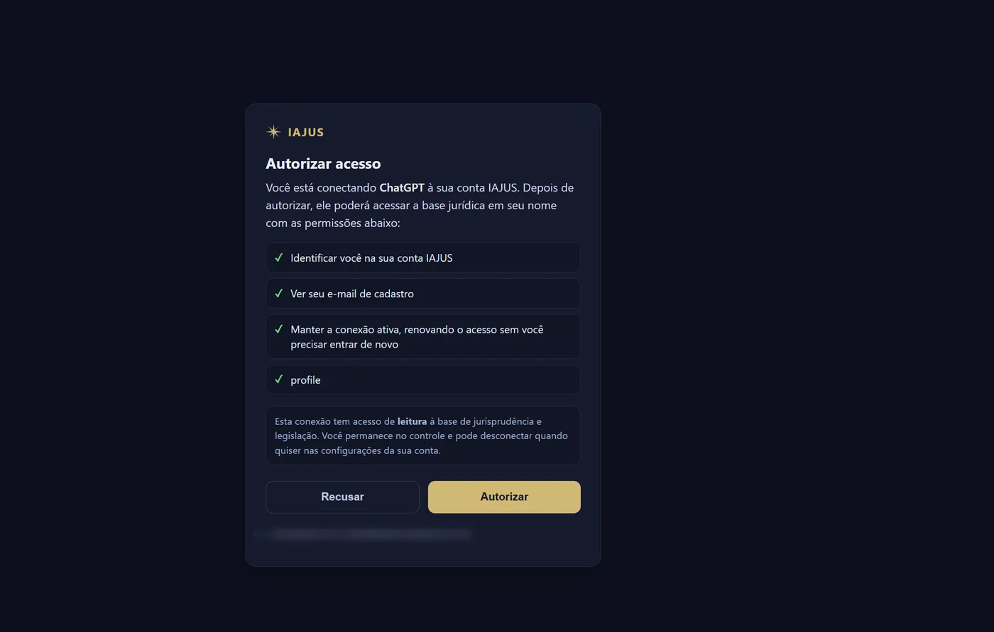 Tela Autorizar acesso do IAJUS, listando as quatro permissões concedidas ao ChatGPT, o aviso de que a conexão tem acesso de leitura e os botões Recusar e Autorizar.
