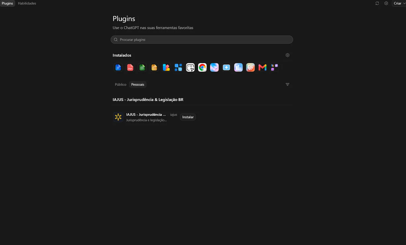 Aba Pessoais da seção Plugins com o plugin IAJUS, Jurisprudência e Legislação BR, e o botão Instalar.