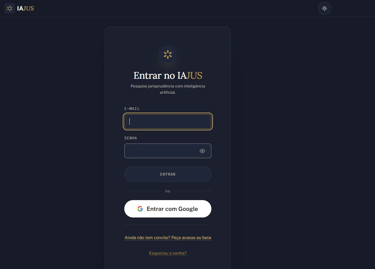 Tela Entrar no IAJUS com campos de e-mail e senha e o botão Entrar com Google.