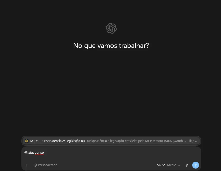 Tela No que vamos trabalhar? com o plugin IAJUS conectado na caixa de mensagem e a menção @iajus digitada.