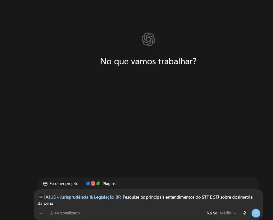 Caixa de mensagem com o plugin IAJUS e uma pergunta jurídica real sobre entendimentos do STF e do STJ.