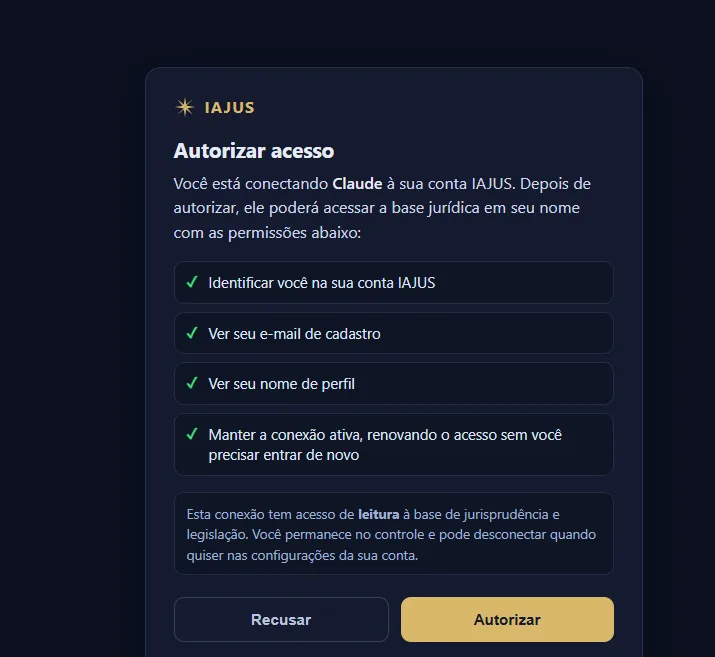 Tela Autorizar acesso: conectar o Claude à conta IAJUS com permissões de leitura e os botões Recusar e Autorizar.
