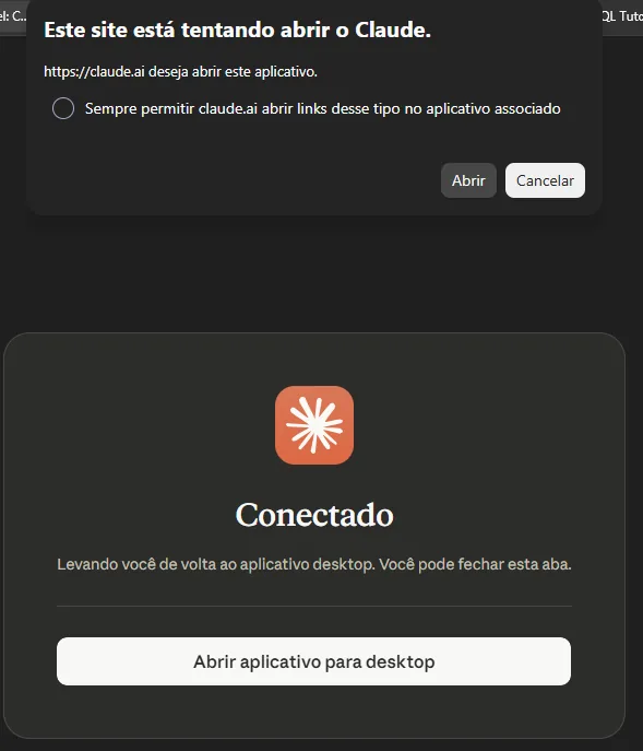 Tela Conectado do Claude, indicando que a conexão com o IAJUS foi concluída.