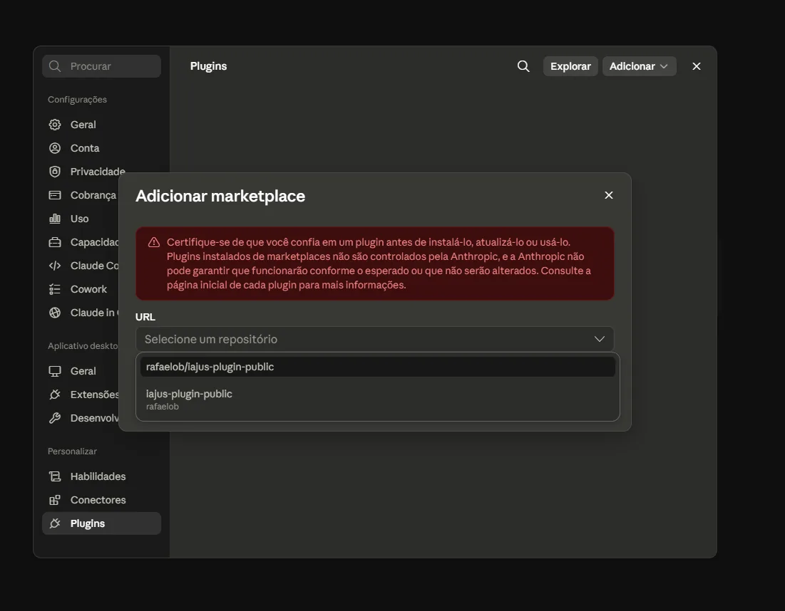 Modal Adicionar marketplace do Claude com o repositório rafaelob/iajus-plugin-public selecionado no campo URL.