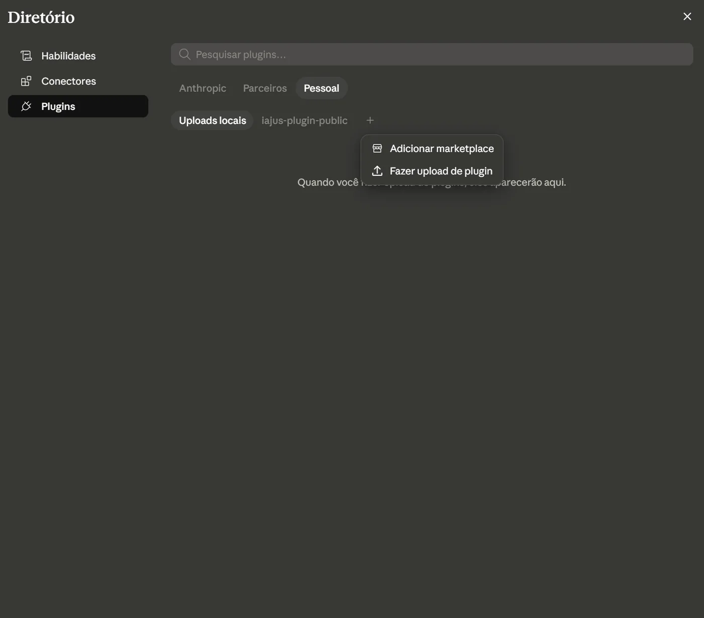 Menu do botão de adicionar com as opções Adicionar marketplace e Fazer upload de plugin.