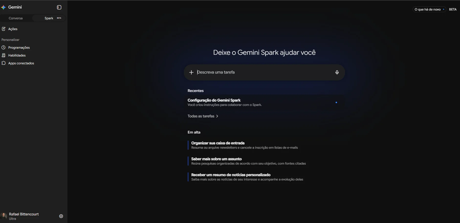 Página inicial do Gemini Spark com o menu lateral mostrando Ações, Programações, Habilidades e Apps conectados.