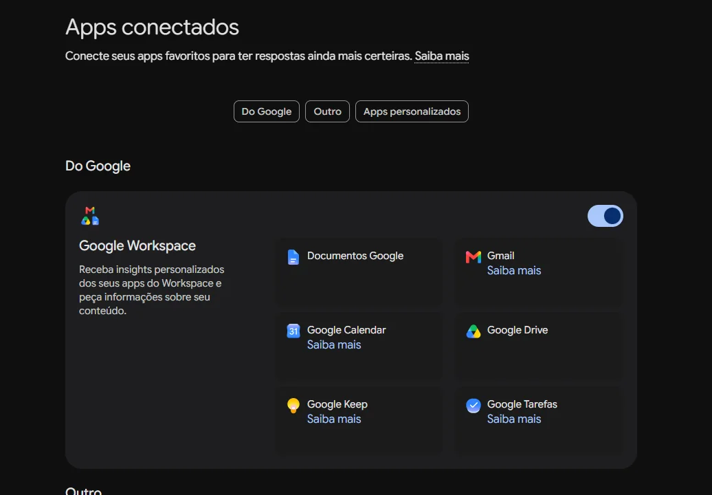 Página Apps conectados do Gemini com as abas Do Google, Outro e Apps personalizados.