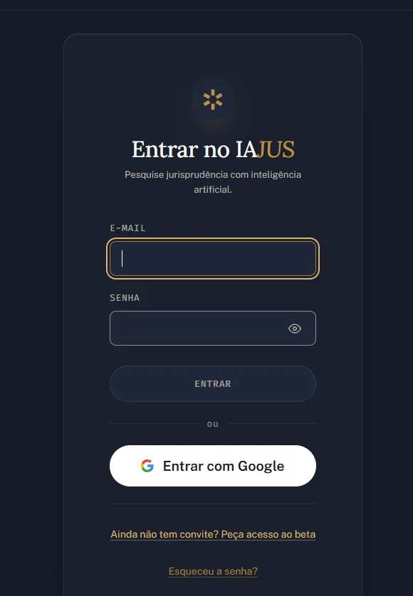 Tela Entrar no IAJUS com campos de e-mail e senha, o botão Entrar e a opção Entrar com Google.