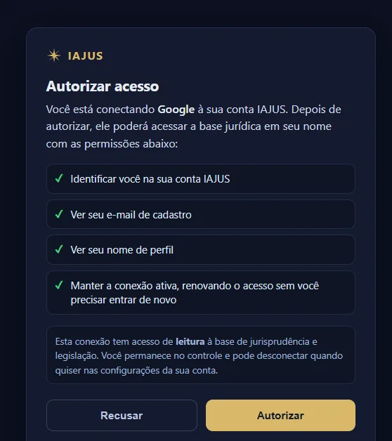 Tela Autorizar acesso do IAJUS conectando o Google, com as permissões de leitura e os botões Recusar e Autorizar.