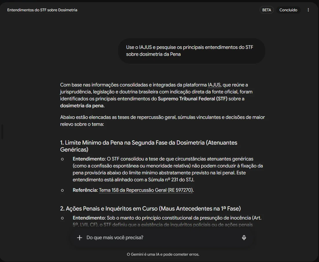 Resposta do Gemini Spark ao pedido Use o IAJUS e pesquise os principais entendimentos do STF sobre dosimetria da pena, citando o Tema 158 da Repercussão Geral e a Súmula 231 do STJ.