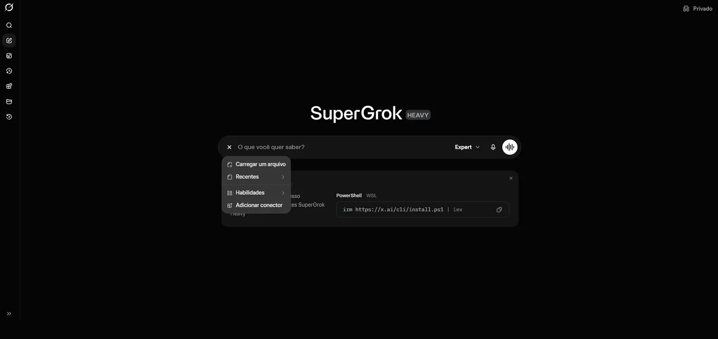 Caixa de mensagem do SuperGrok com o menu + aberto, mostrando Carregar um arquivo, Recentes, Habilidades e Adicionar conector.