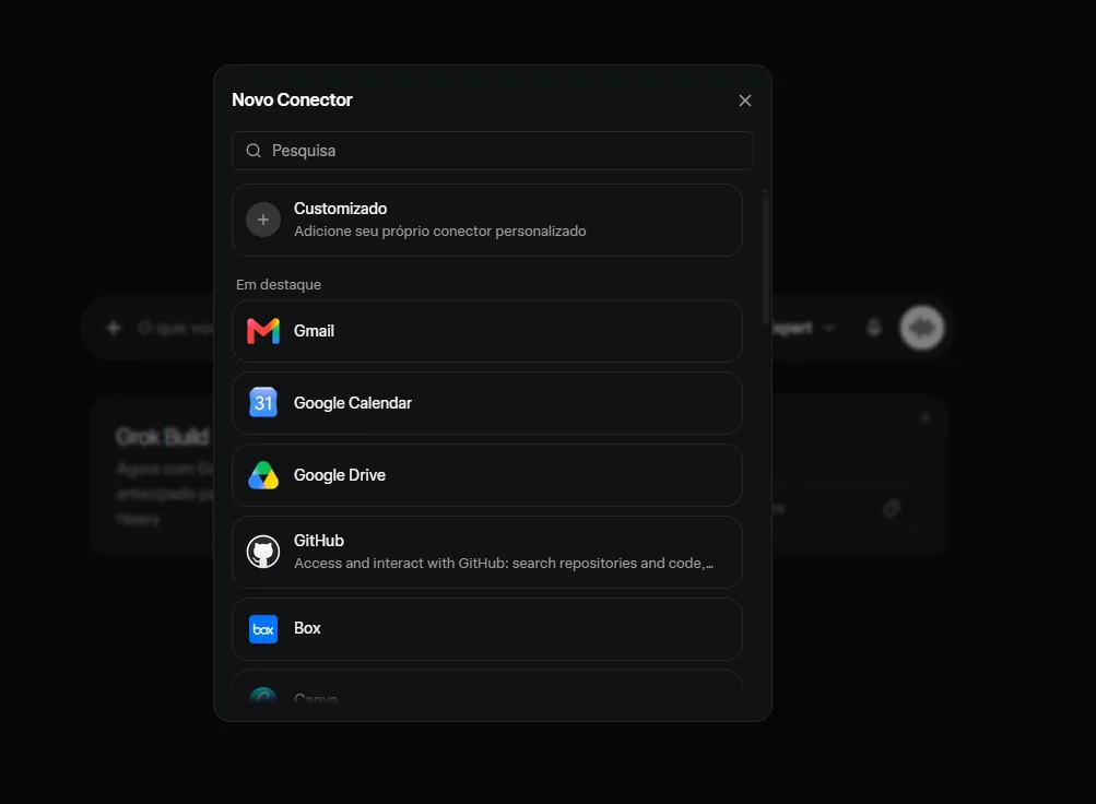Modal Novo Conector do Grok com a opção Customizado, para adicionar um conector personalizado, acima dos conectores em destaque.