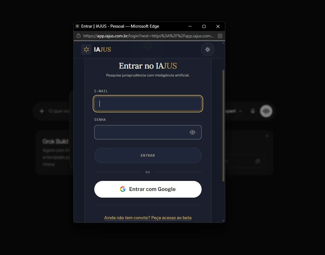 Janela do navegador com a tela Entrar no IAJUS, campos de e-mail e senha e a opção Entrar com Google.