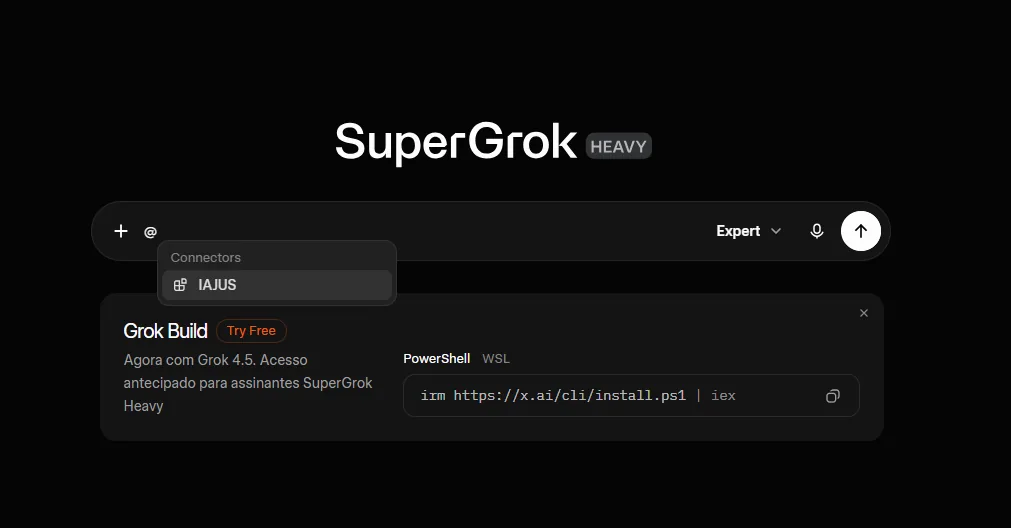 Caixa de mensagem do SuperGrok com o menu @ aberto em Connectors, mostrando o conector IAJUS.