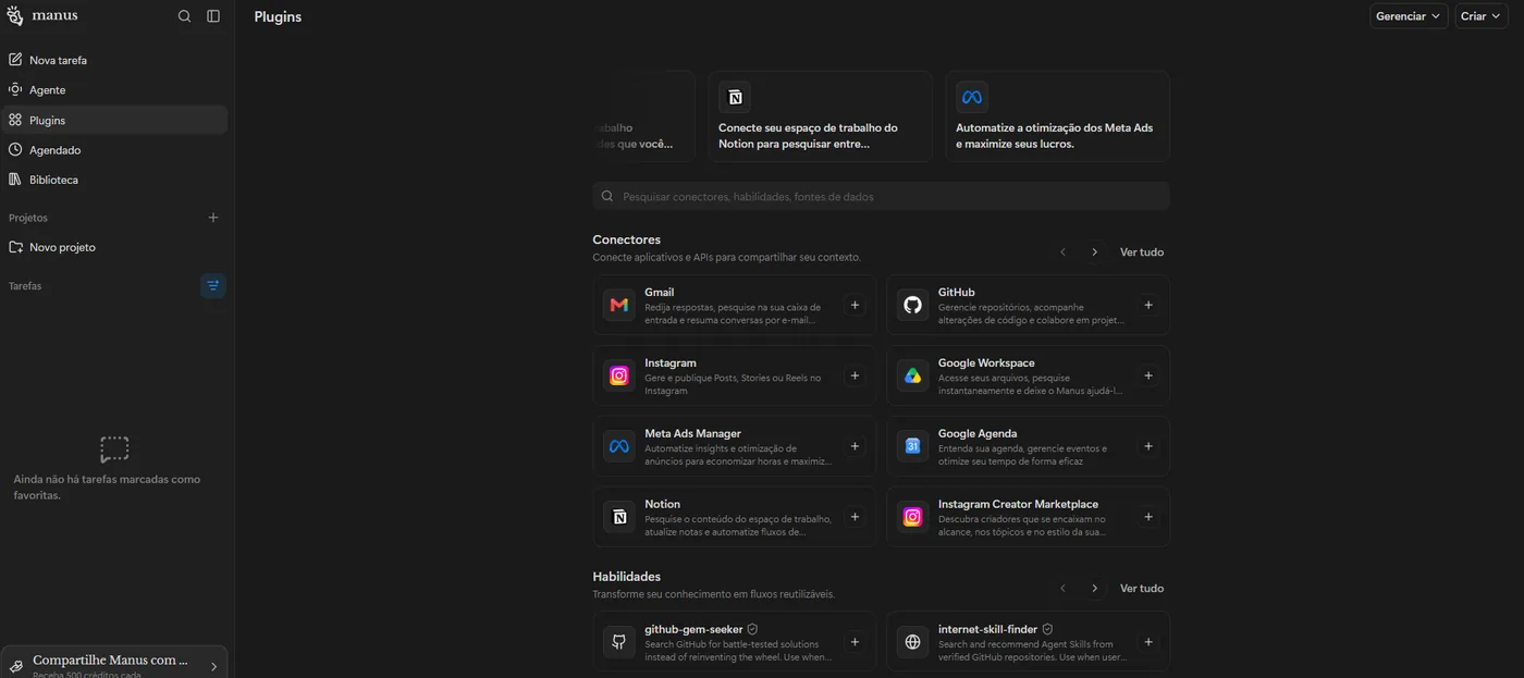 Página Plugins do Manus, com a barra lateral e a seção Conectores listando Gmail, GitHub, Instagram e outros.