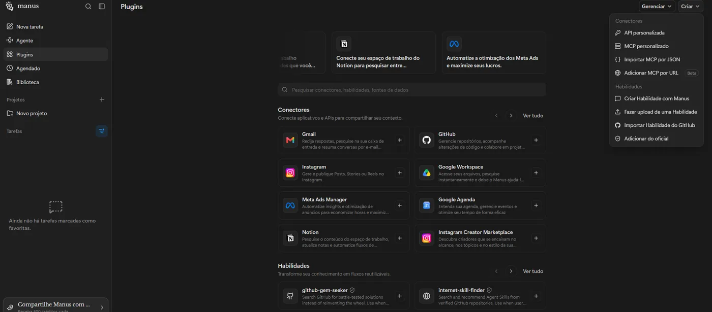 Menu Criar do Manus aberto, mostrando as opções de conectores, entre elas Adicionar MCP por URL com a marca Beta.