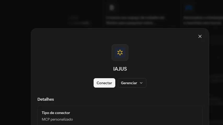 Cartão do conector IAJUS no Manus, com o símbolo do IAJUS, o botão Conectar e o detalhe Tipo de conector MCP personalizado.