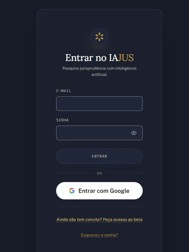 Tela Entrar no IAJUS com campos de e-mail e senha, botão Entrar e a opção Entrar com Google.