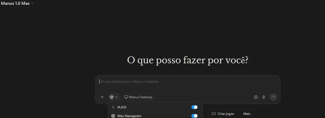 Caixa de mensagem do Manus com o menu de conectores aberto e o toggle IAJUS ativado.