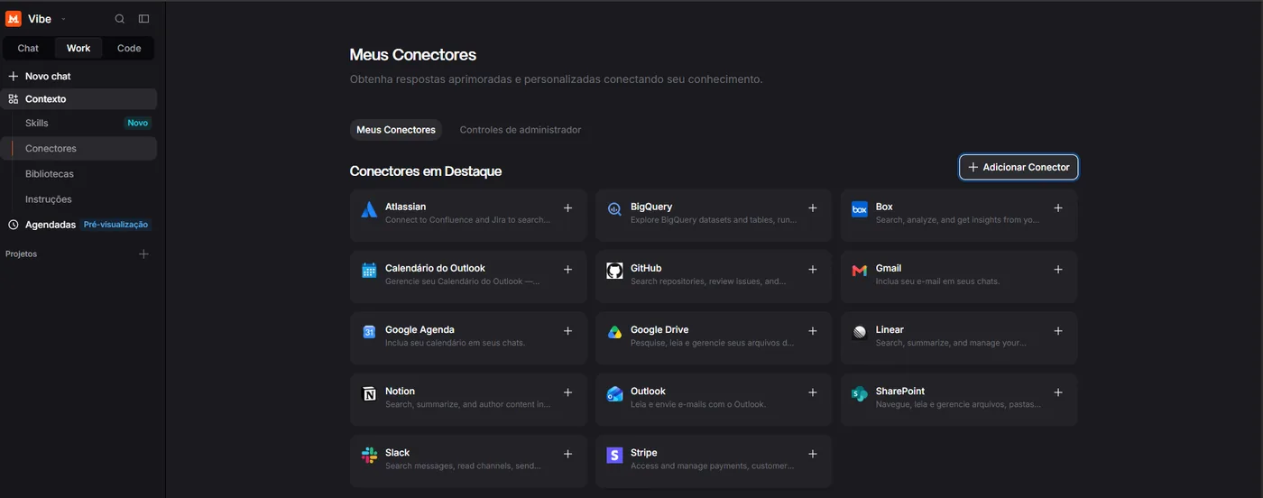 Página Meus Conectores do Le Chat, com a lista de conectores em destaque e o botão Adicionar Conector no canto superior direito.