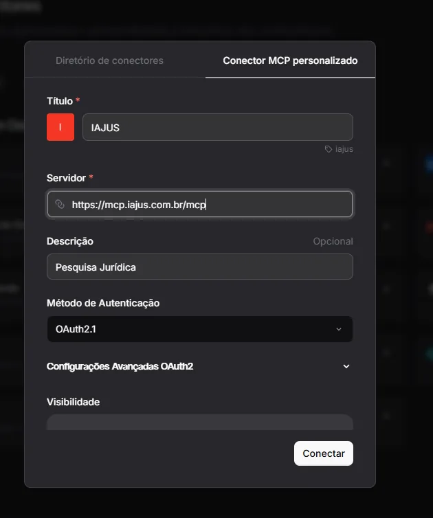 Formulário Conector MCP personalizado do Le Chat preenchido com Título IAJUS, Servidor https://mcp.iajus.com.br/mcp, Descrição Pesquisa Jurídica e Método de Autenticação OAuth2.1.