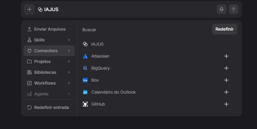 Caixa de mensagem do Le Chat com o menu aberto em Connectors e o IAJUS selecionado no campo Buscar.