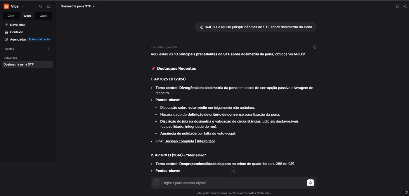 Resposta do Le Chat com os principais precedentes do STF sobre dosimetria da pena obtidos via IAJUS, cada um com os links Decisão completa e Inteiro teor.