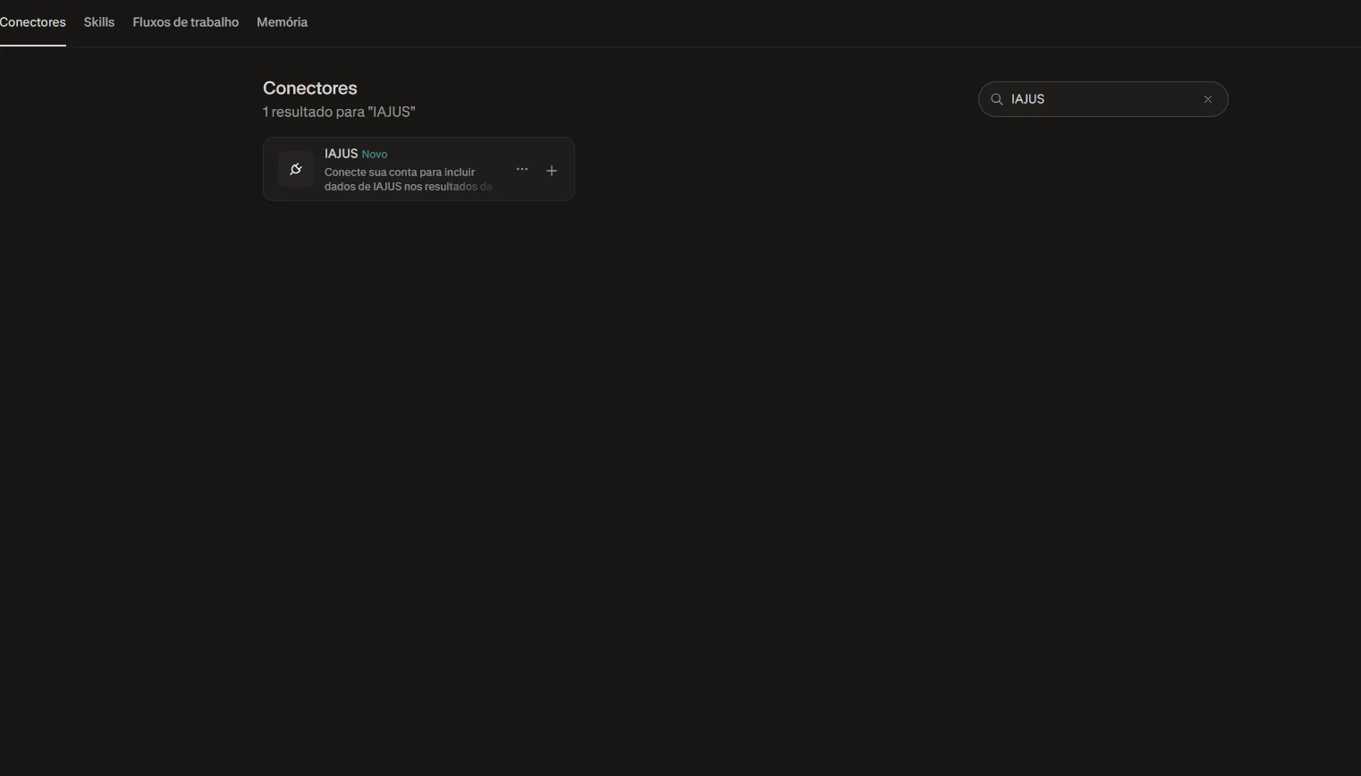 Lista de conectores do Perplexity com a busca IAJUS mostrando o conector IAJUS com a marca Novo e o botão de adicionar.