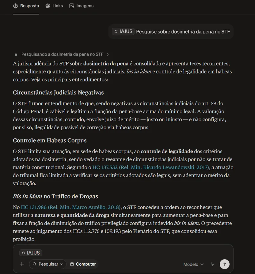 Resposta do Perplexity com o selo IAJUS sobre dosimetria da pena no STF, citando os entendimentos consolidados e os habeas corpus de referência com links.